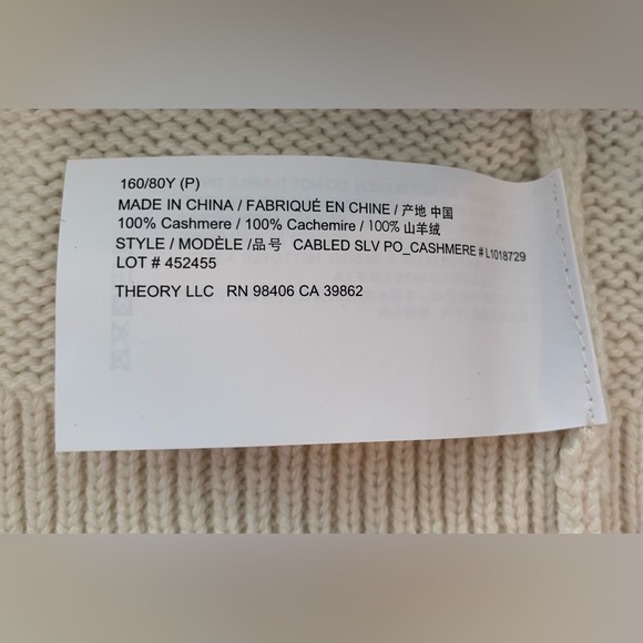 NWT Theory Cream Cable-Sleeve 100% Cashmere Pullover Sweater Size Large Petite - Picture 9 of 15